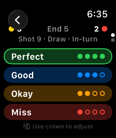 Hogline accuracy screen with Perfect, Good, Okay, and Miss options