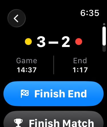 Hogline control screen showing the 3–2 score with game and end timers
