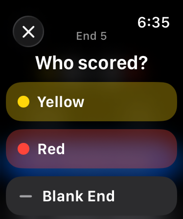 Hogline end scoring screen asking who scored, with Yellow, Red, and Blank End buttons