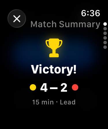 Hogline match summary showing a 4–2 victory with a trophy
