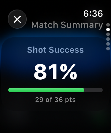 Hogline match summary showing 81% shot success, 29 of 36 points
