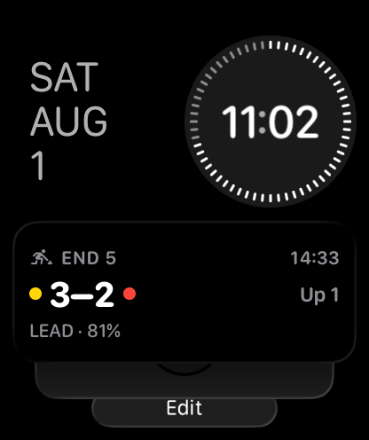 The Hogline Smart Stack card below the watch face during a live match: End 5, a 14:33 game clock, a 3–2 score, Up 1, and Lead at 81 percent