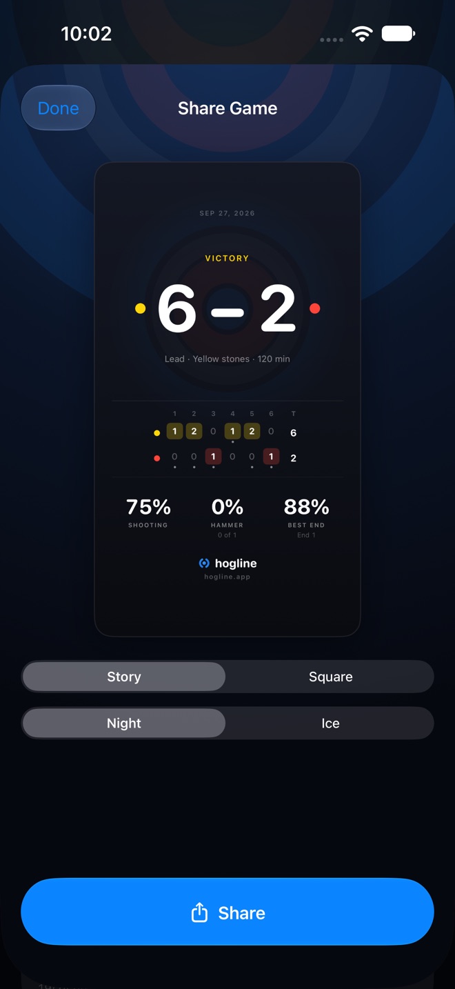 Sharing a game from hogline as a story card in the Night theme: Victory, 6 to 2, with the linescore