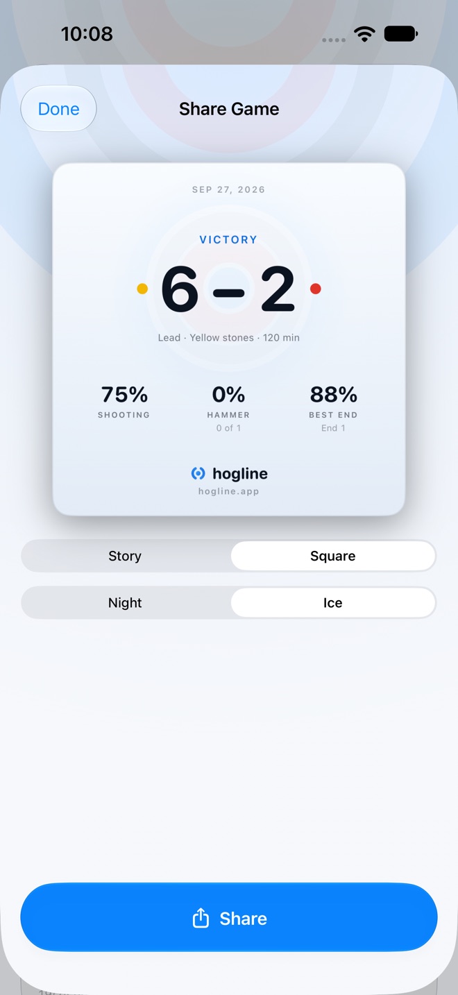 Sharing a game from hogline as a square card in the Ice theme
