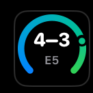 The Hogline circular widget: a 4–3 score and End 5 ringed by a shooting percentage gauge